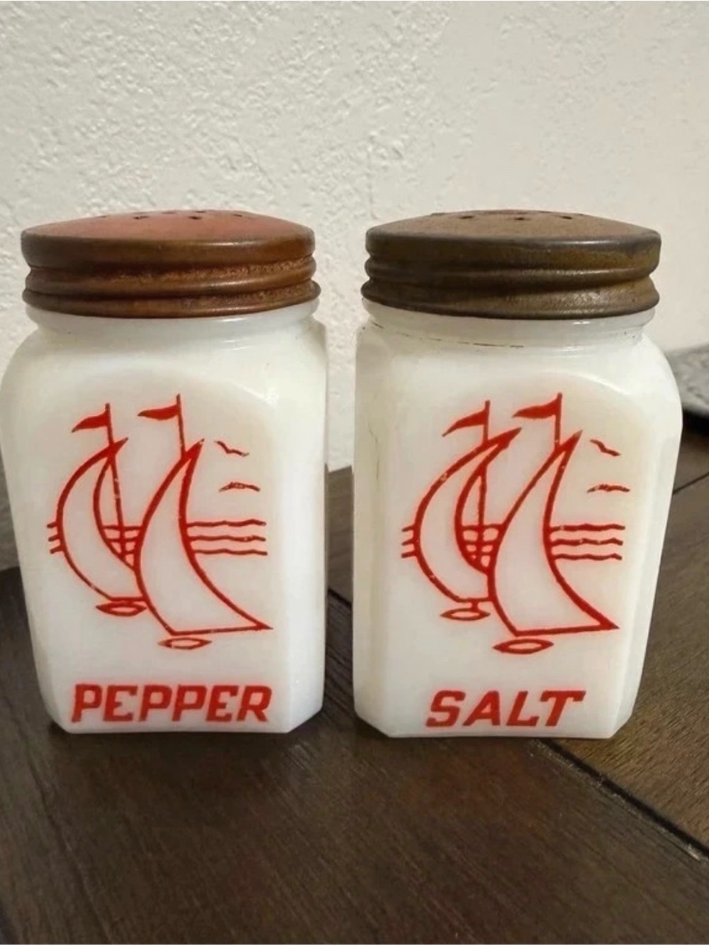 McKee White and Red Sailboat Salt & Pepper Shakers - Vintage Style